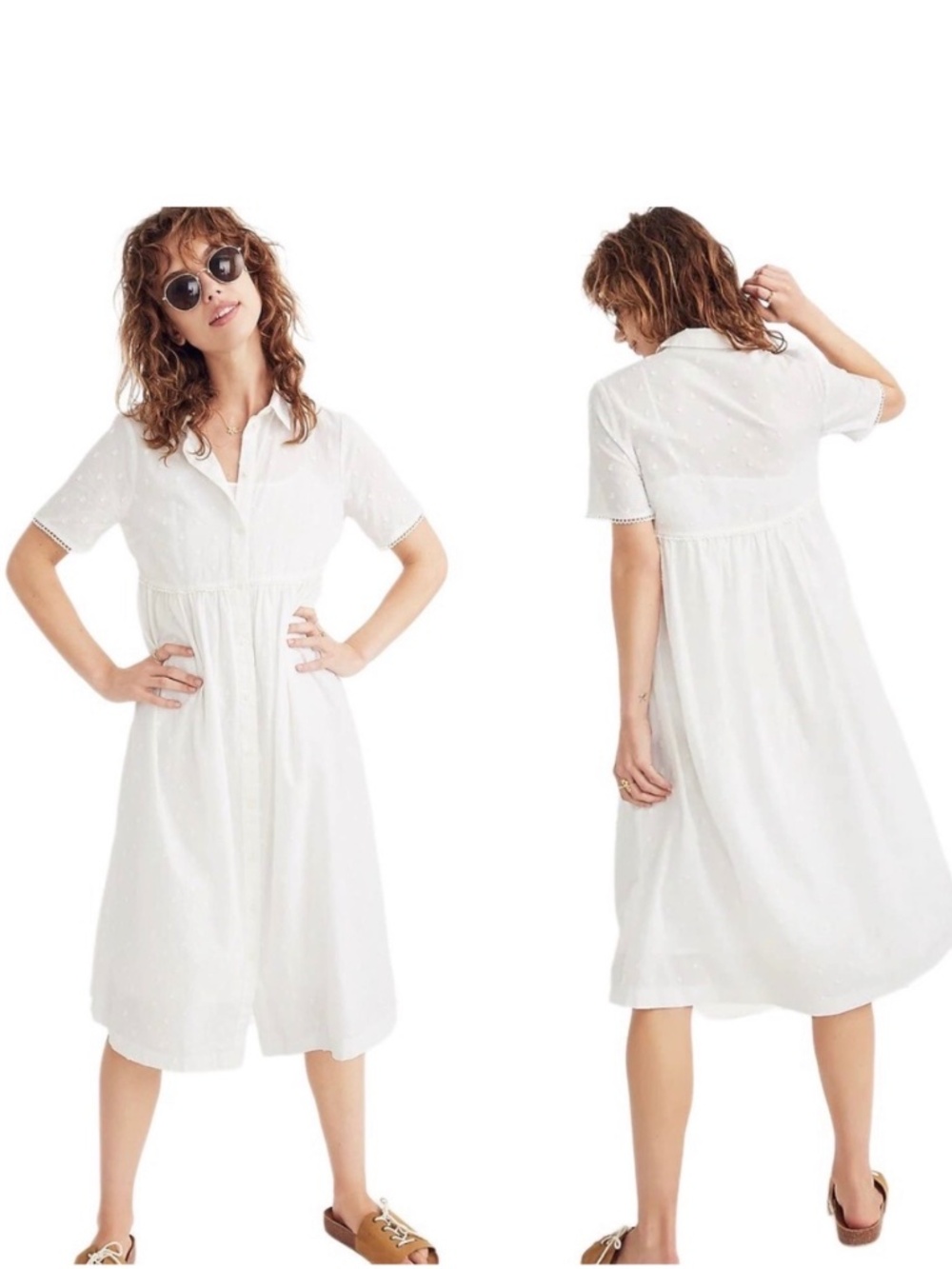 Madewell White Clipdot Cotton Midi Short Sleeve High Waist Shirtdress NWOT SZ S